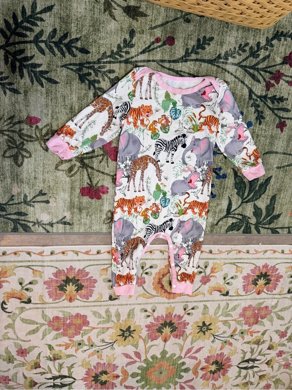Pink-Trim Safari Animal Print Footie Pajamas for Kids